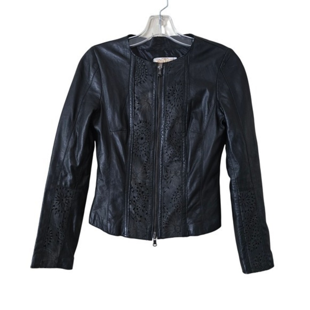 Antica Pelleria Italy Black Leather Laser Cut Eyelet Jacket‎ Women Size 42 Small - Picture 2 of 11